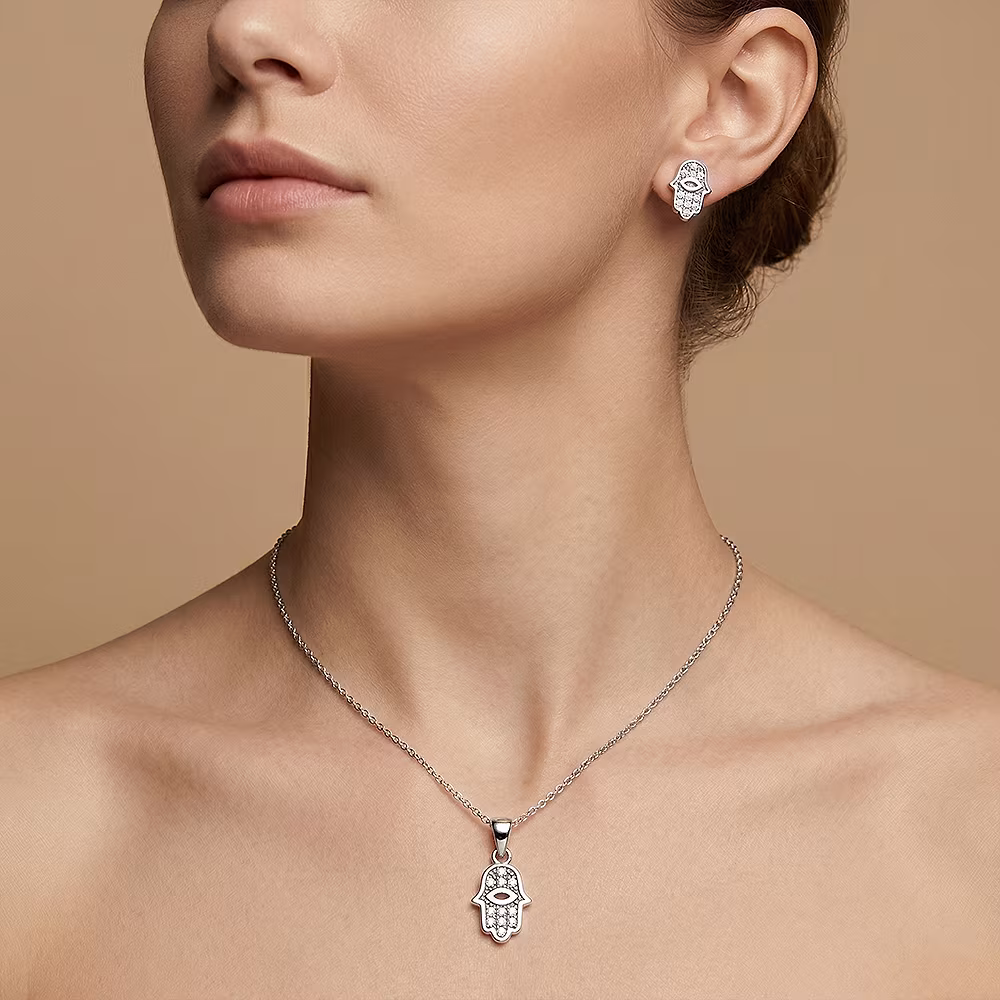 Aretes y Dije Mano de Fatima - Imagen 2