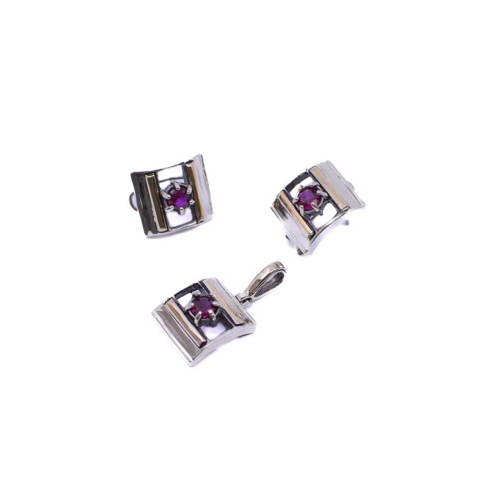 Aretes y Dije Liso con Piedra Central